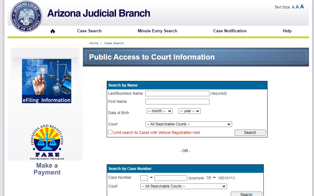 A screenshot of the case search feature of the Arizona Supreme Court--a public access for court information searched by name, case number, and other options.
