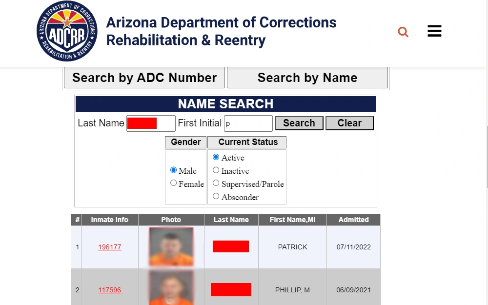 A screenshot of an inmate search tool provided by the Arizona Department of Corrections, Rehabilitation, and Reentry searched by name showing the inmate's info, mugshot, last name, first name, middle initial, and the date they were admitted.