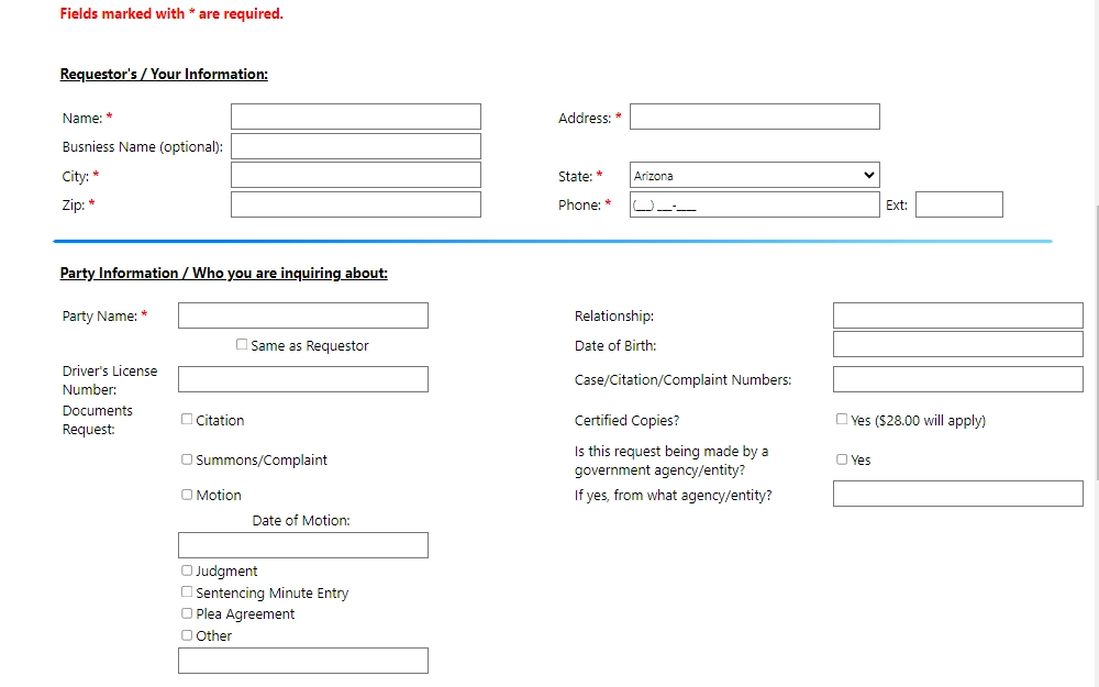 A screenshot of the online records request form where the requestors must provide information such as their name, address, state, phone number, and the party information of the person they are inquiring about. 
