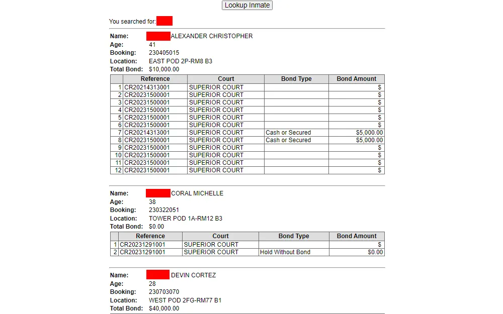 A screenshot of a sample search results from the inmate lookup toll provided by the Pima County Adult Sheriff's Department showing each inmate's name, age, booking number, location bond, total bond and other details.