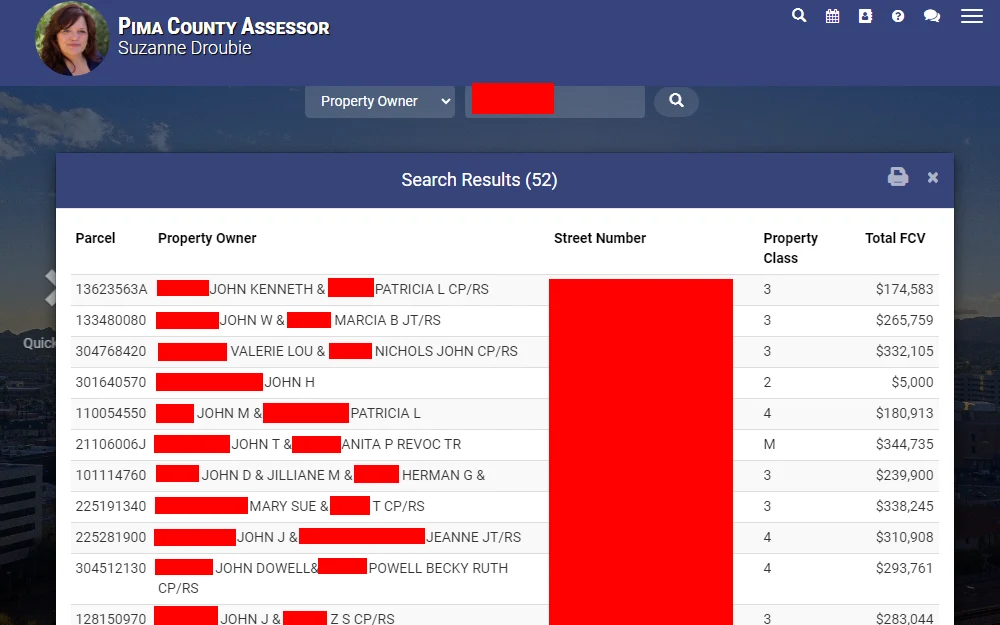 A screenshot of the property records search tool provided by the Pima County Assessor's Office, searched by providing the name, parcel number, and address; search results with the property's parcel number, property owner, street number, property class, and total FCV are displayed.