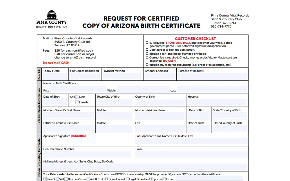 A screenshot of a form used to request a birth certificate in Pima County that must be completed and submitted to the Pima County Office of Vital Records.