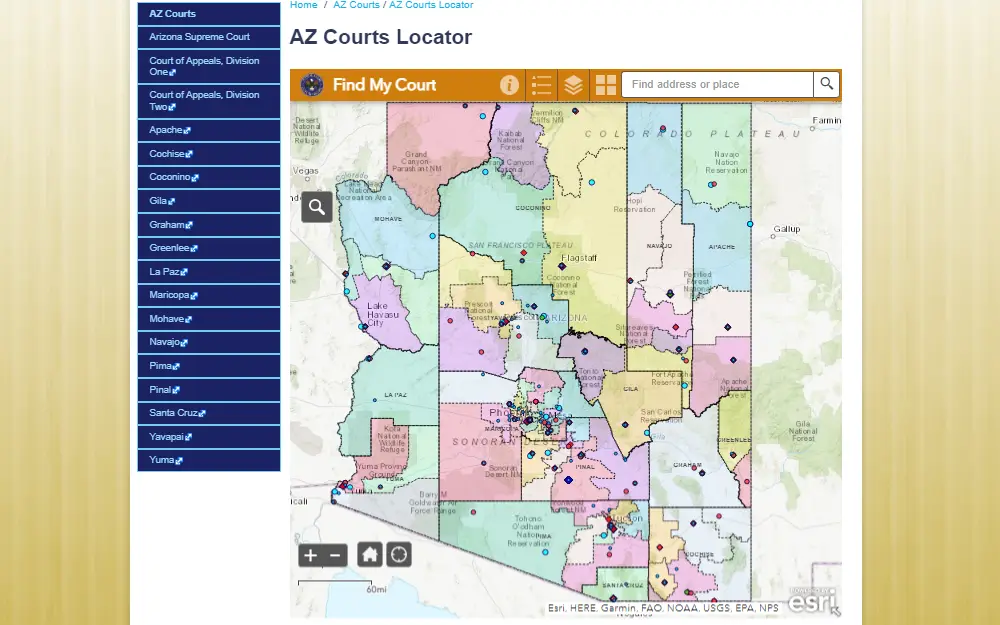 A screenshot showing a map of the Arizona court locator displaying the locations such as Flagstaff, Graham, Apache, Navajo, Pima, Mohave, La Paz and their available courts from the Arizona Supreme Court website.