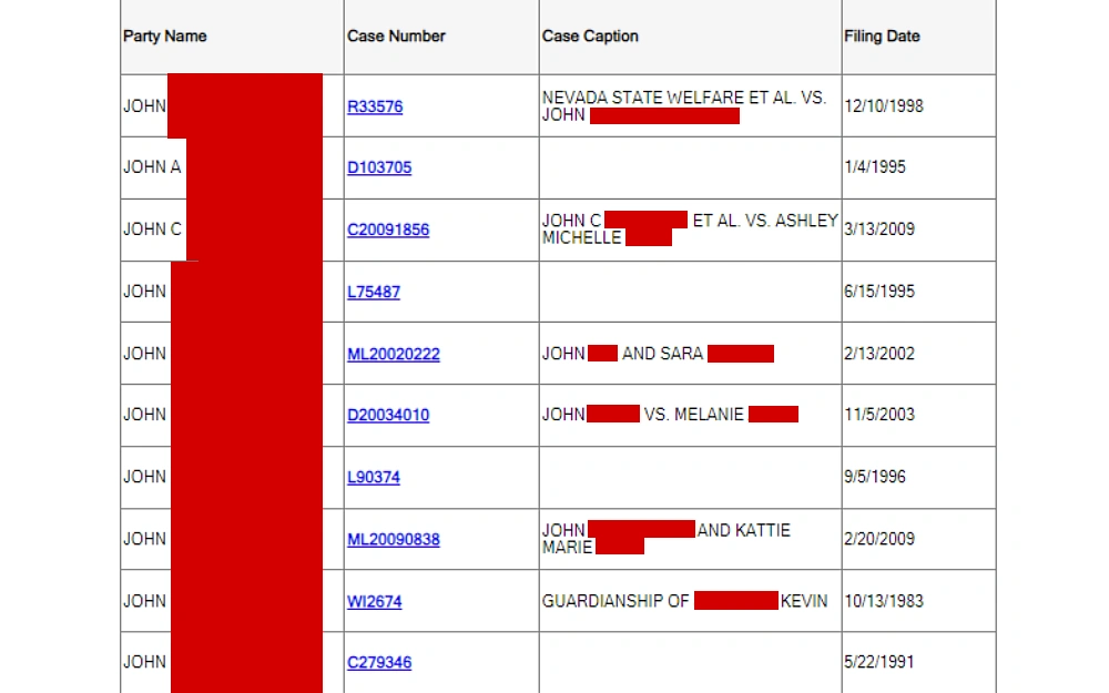 A screenshot showing a case search results displaying information such as party name, case number, case caption and filing date from the Pima County Clerk of the Superior Court website.