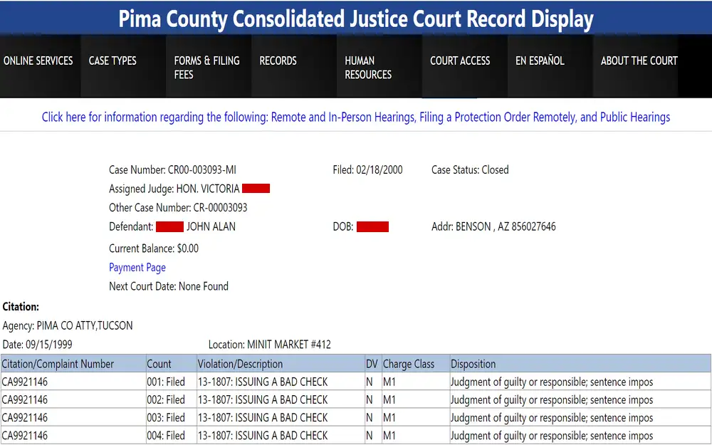 A screenshot from the Pima County Consolidated Justice Court showing a closed case from a justice court, detailing the case number, judge assigned, defendant's information, charges for issuing bad checks, and the court's decision.