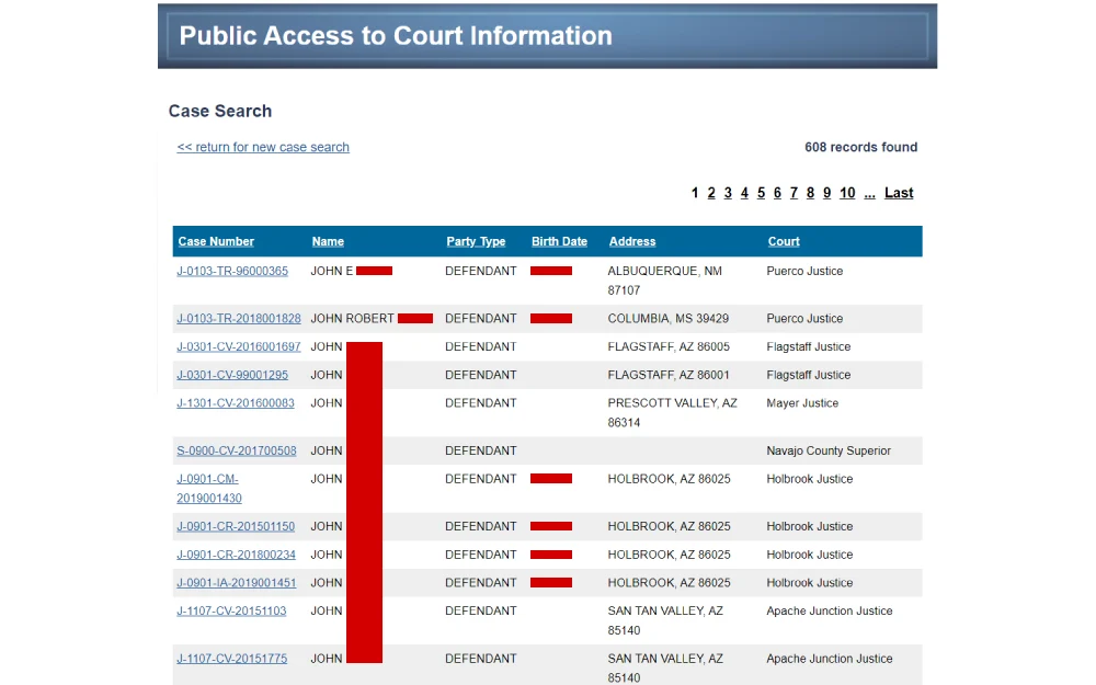 A screenshot of a sample case search results from the Arizona Judicial Branch showing case numbers, party types, birth dates, addresses, and the courts handling the cases without revealing personal names.